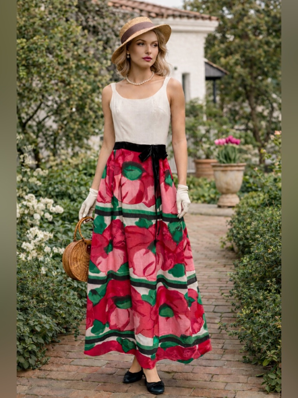 Vintage Lilli Russell Linen Floral Maxi Dress with Velvet Bow | Size‎ 10